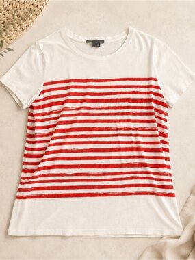 Vince 100% Pima Cotton Red + White Striped Tee | Size Small
